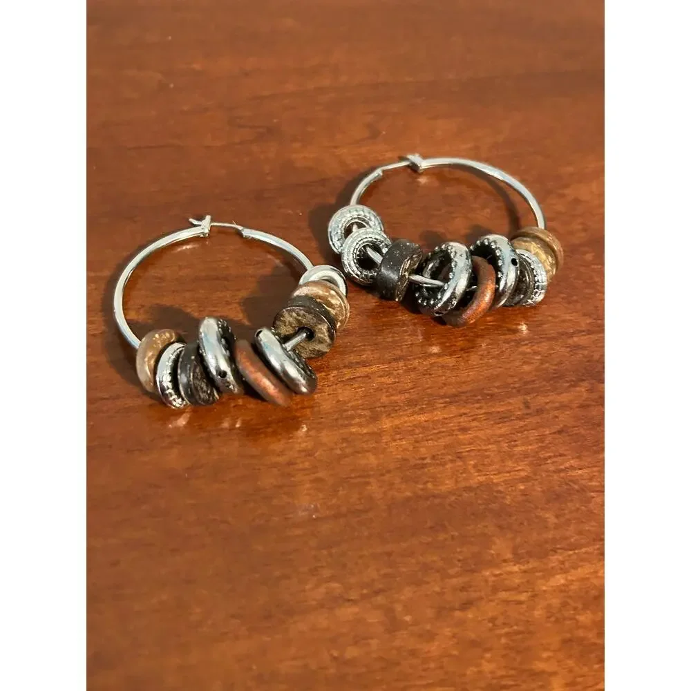 Boho Coconut Wood Silver Hoop Earrings 2